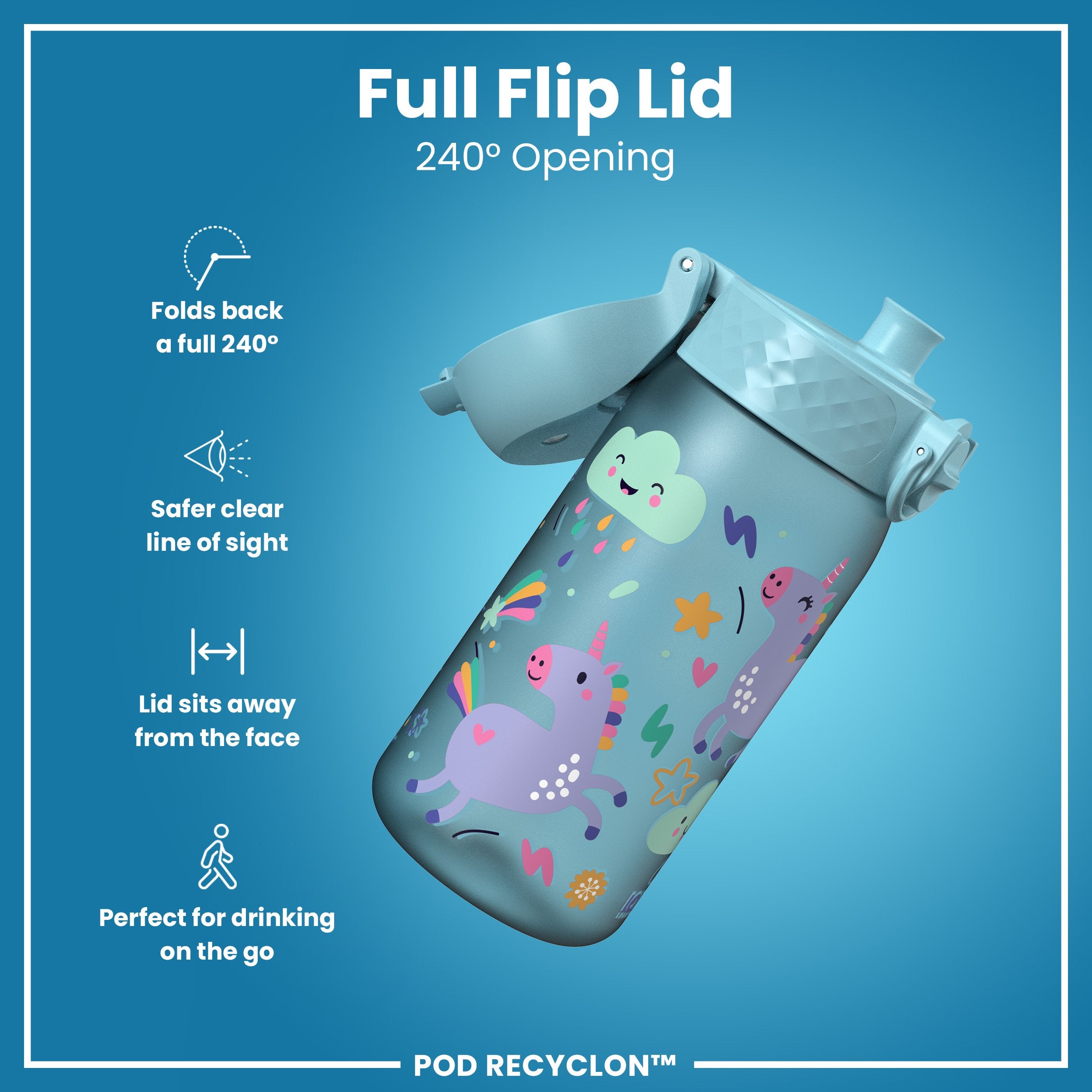 Leak Proof Kids Water Bottle, Recyclon, Blue Unicorns, 350ml (12oz)