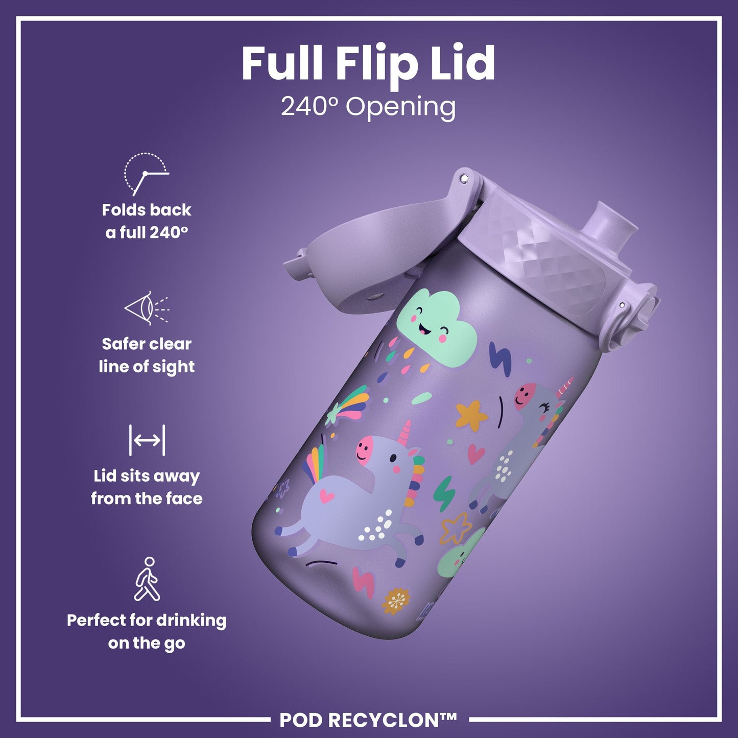 Leak Proof Kids Water Bottle, Recyclon, Purple Unicorns, 350ml (12oz)