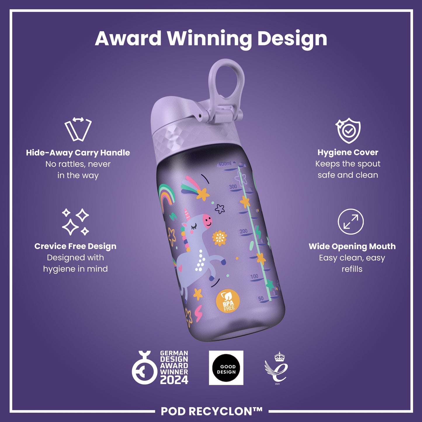 Leak Proof Kids Water Bottle, Recyclon, Purple Unicorns, 350ml (12oz)