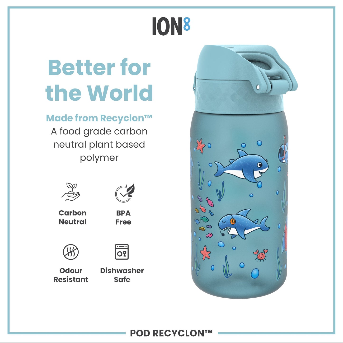 Leak Proof Kids Water Bottle, Recyclon, Sharks, 350ml (12oz)