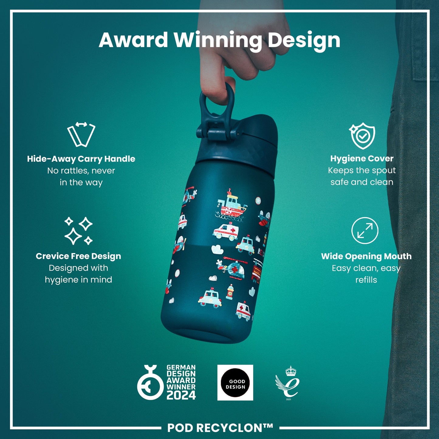 Leak Proof Kids Water Bottle, Recyclon, Rescue Vehicles, 350ml (12oz)