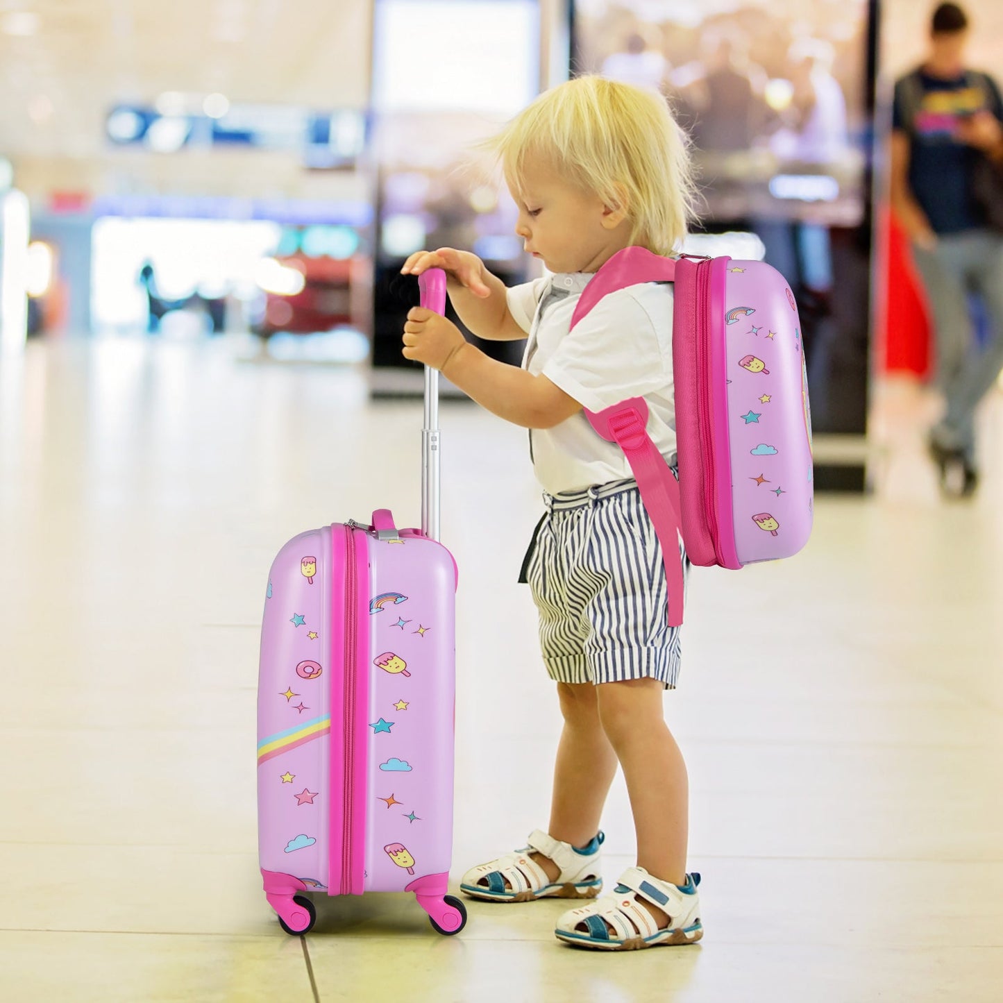 2 Pieces Kids Luggage Set with Wheels and Height Adjustable Handle-Blue