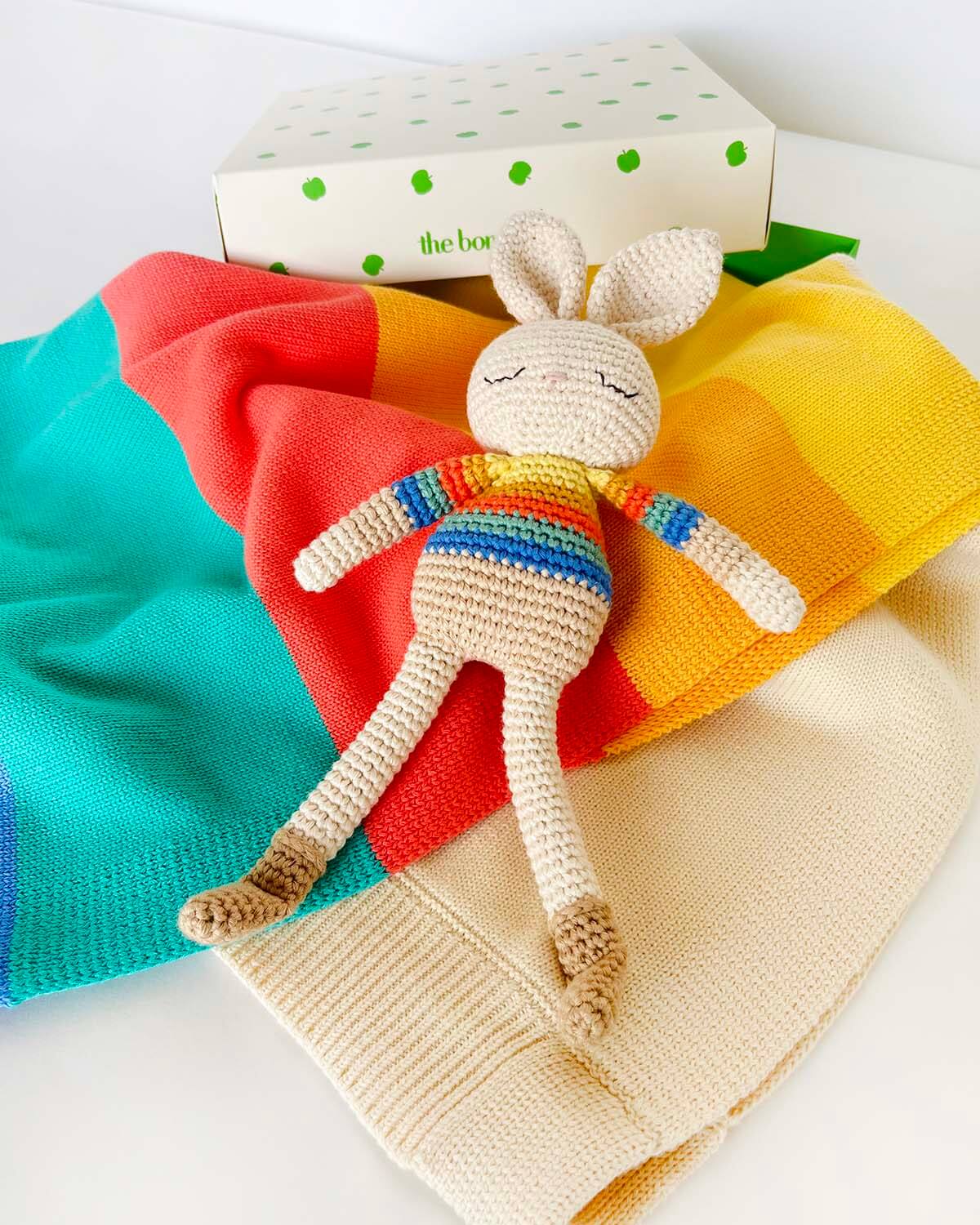 Organic Cotton Rainbow Stripe Bonnie Bunny Crochet Baby Toy