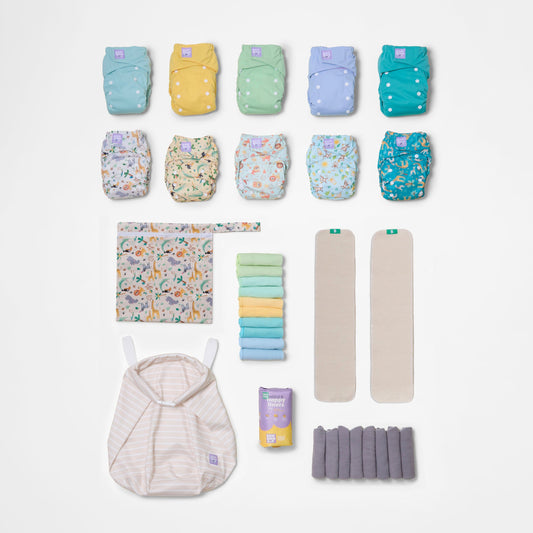 The Essentials Reusable Nappy Bundle in Wild Life + Pastels