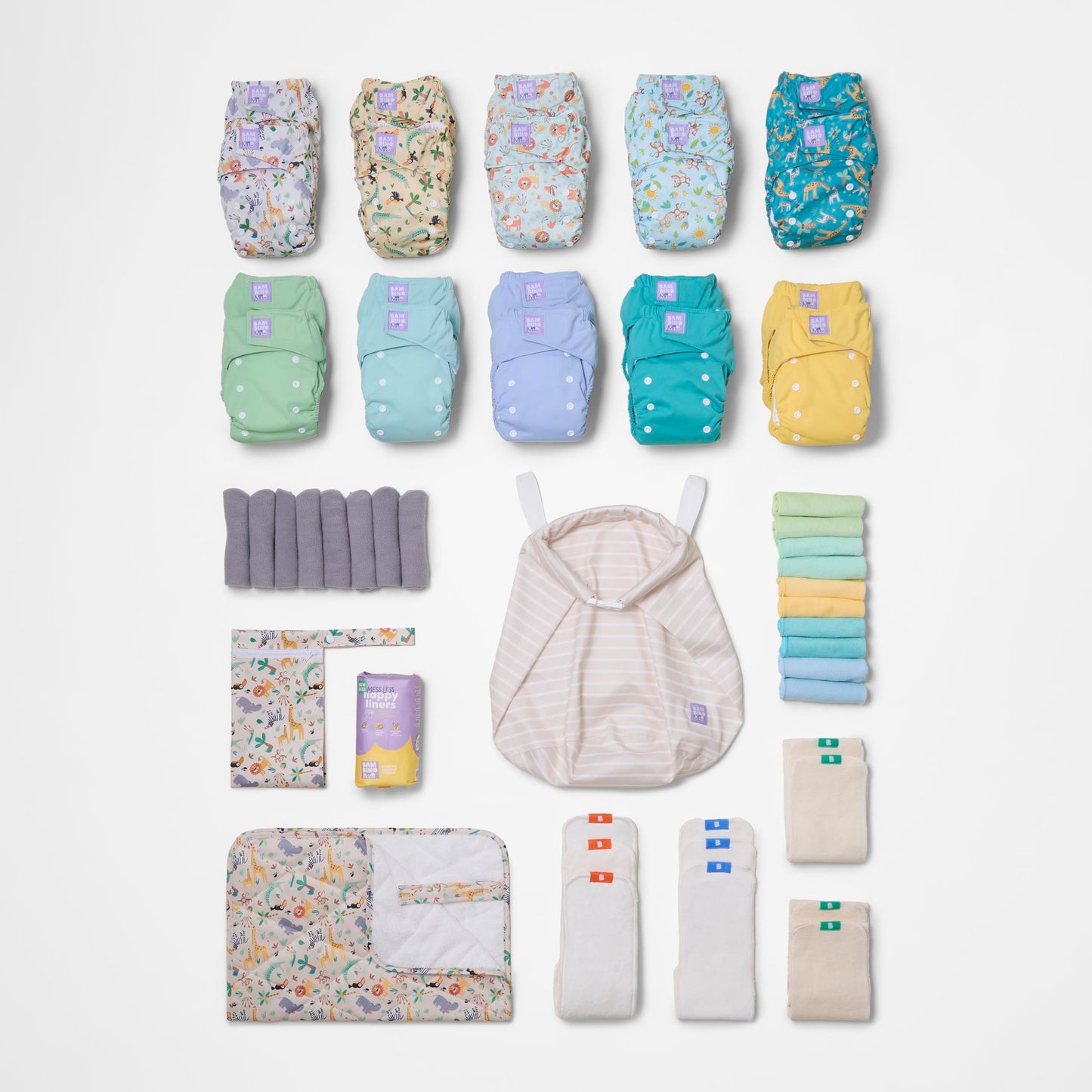 The Everything Reusable Nappy Bundle in Wild Life and Pastels