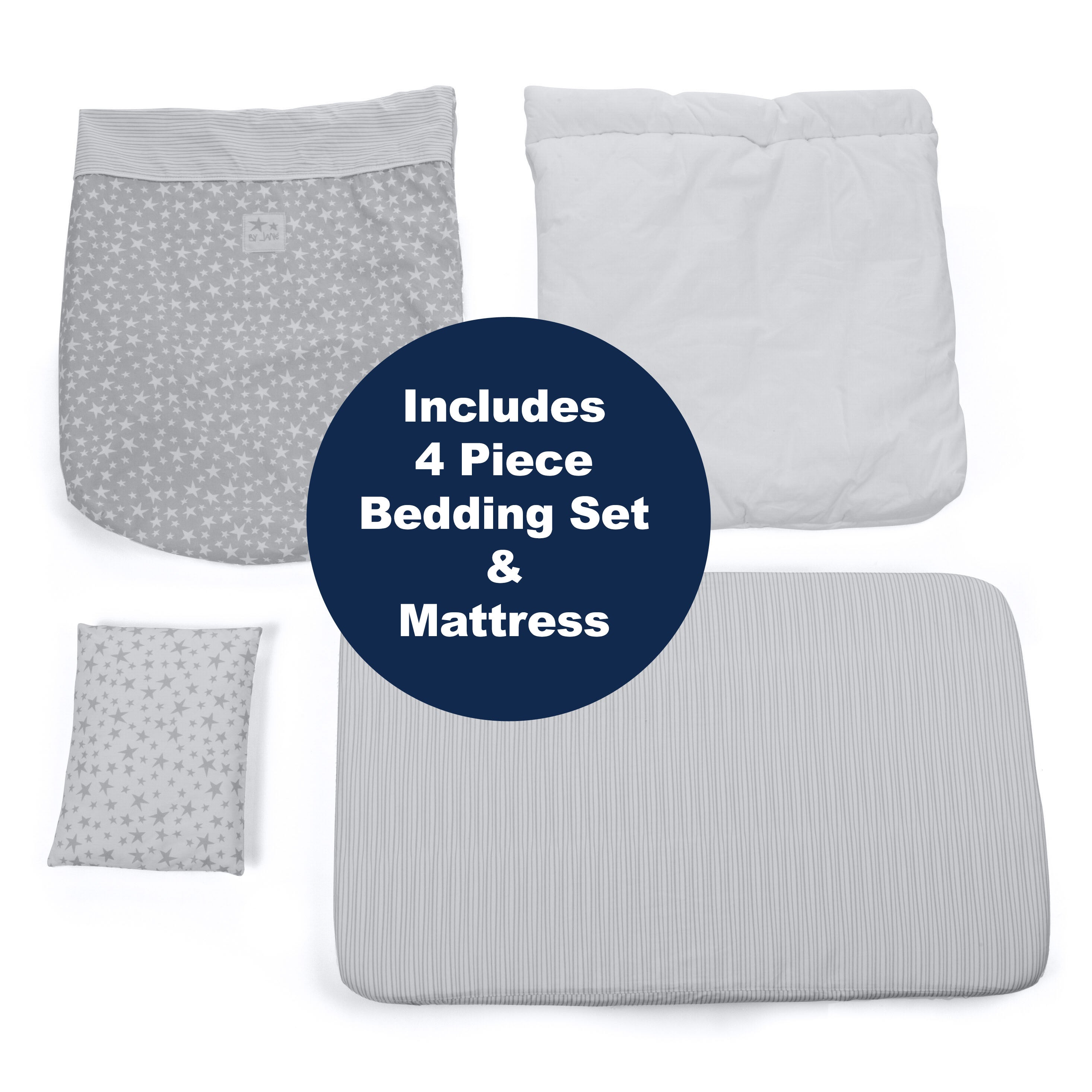 Jane Baby Side Crib + 4 Piece Bedding Set & Safety Mattress, Star 2026