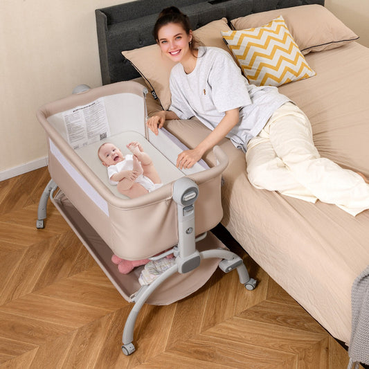 Baby Bassinet Bedside Sleeper with 7-Height Adjustment for Newborns-Beige