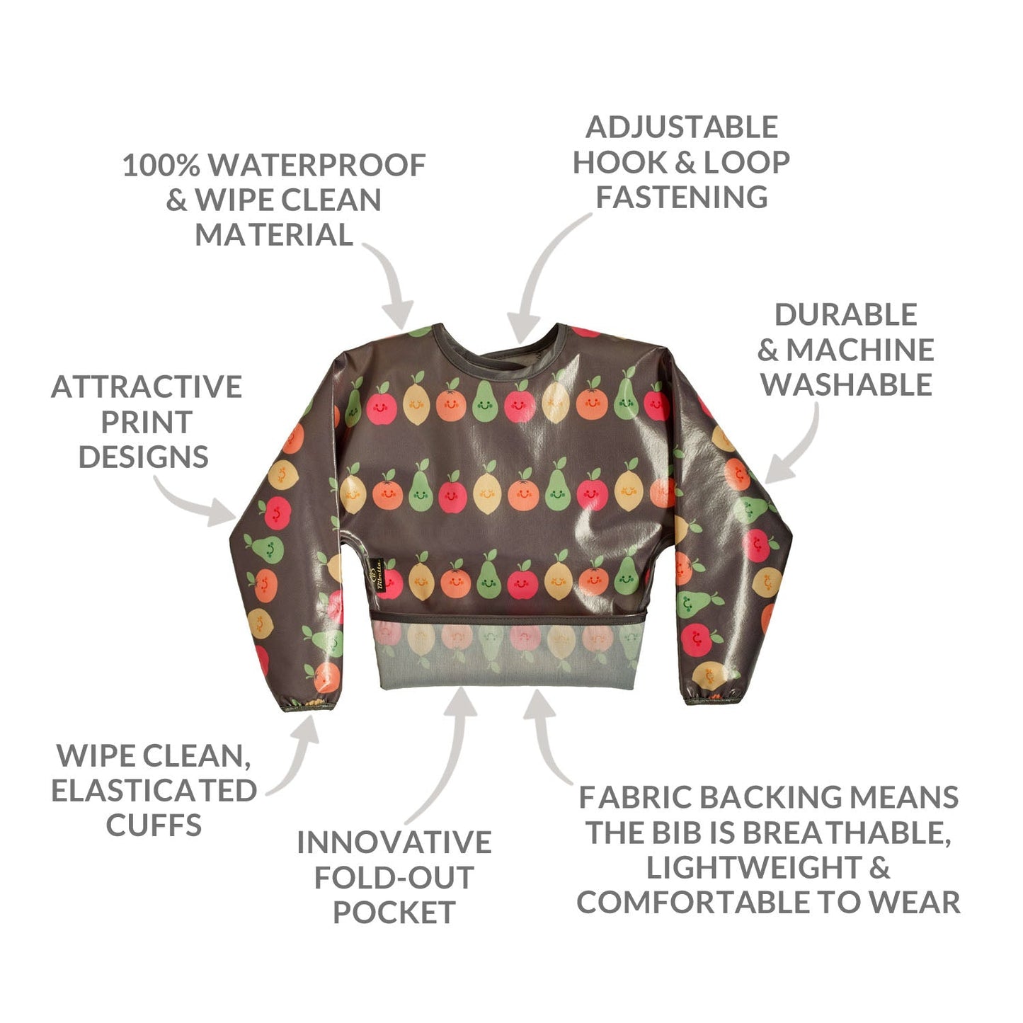 Wipeezee Bib with Sleeves - Grey Happy Fruit