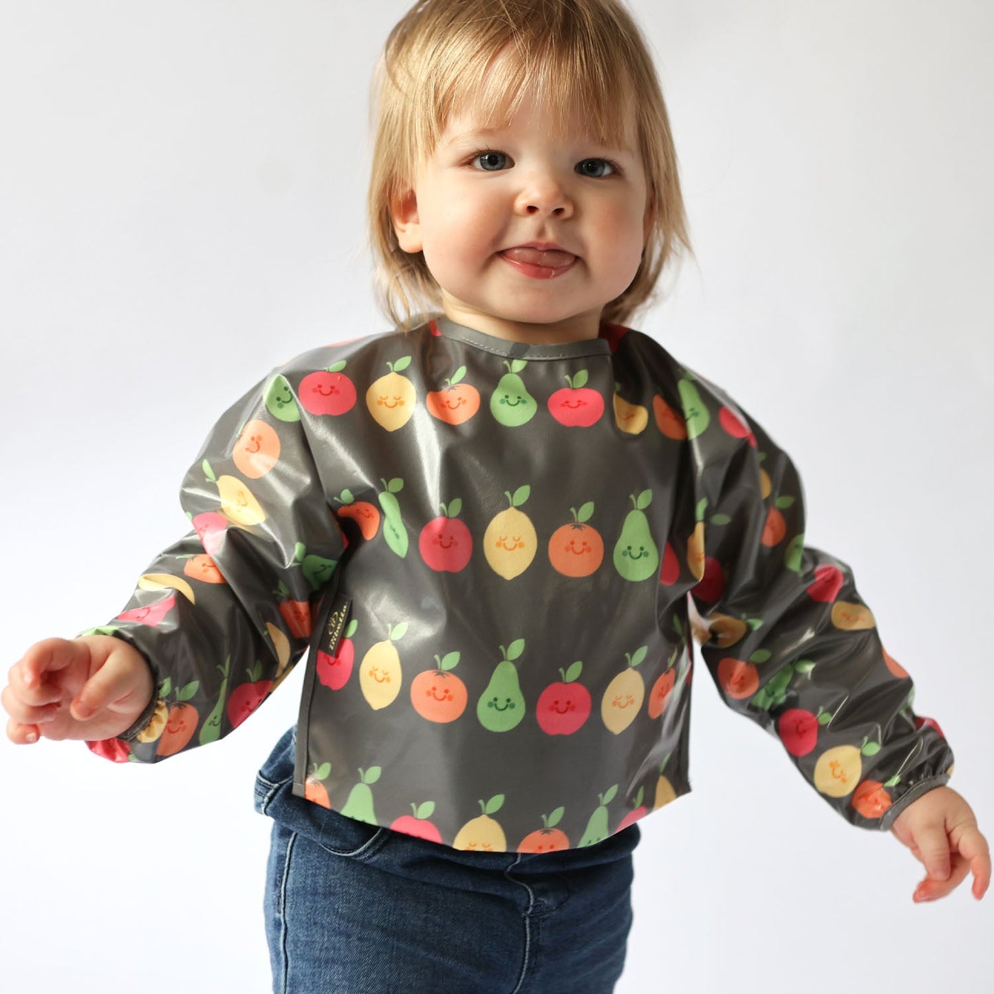 Wipeezee Bib with Sleeves - Grey Happy Fruit