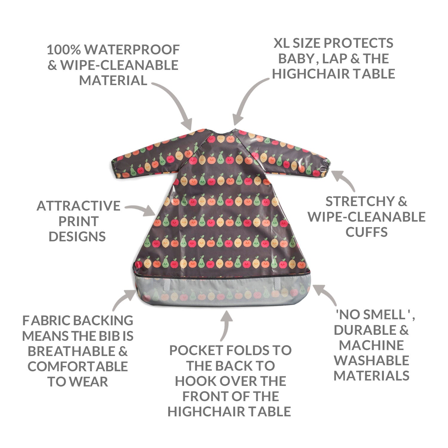 Wipeezee Coverall Bib - Grey Happy Fruit