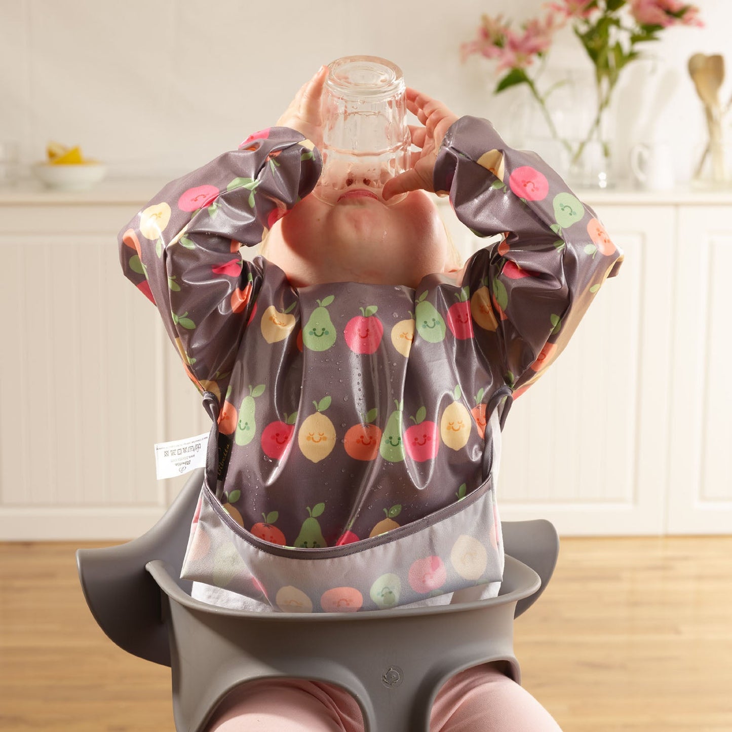 Wipeezee Bib with Sleeves - Grey Happy Fruit