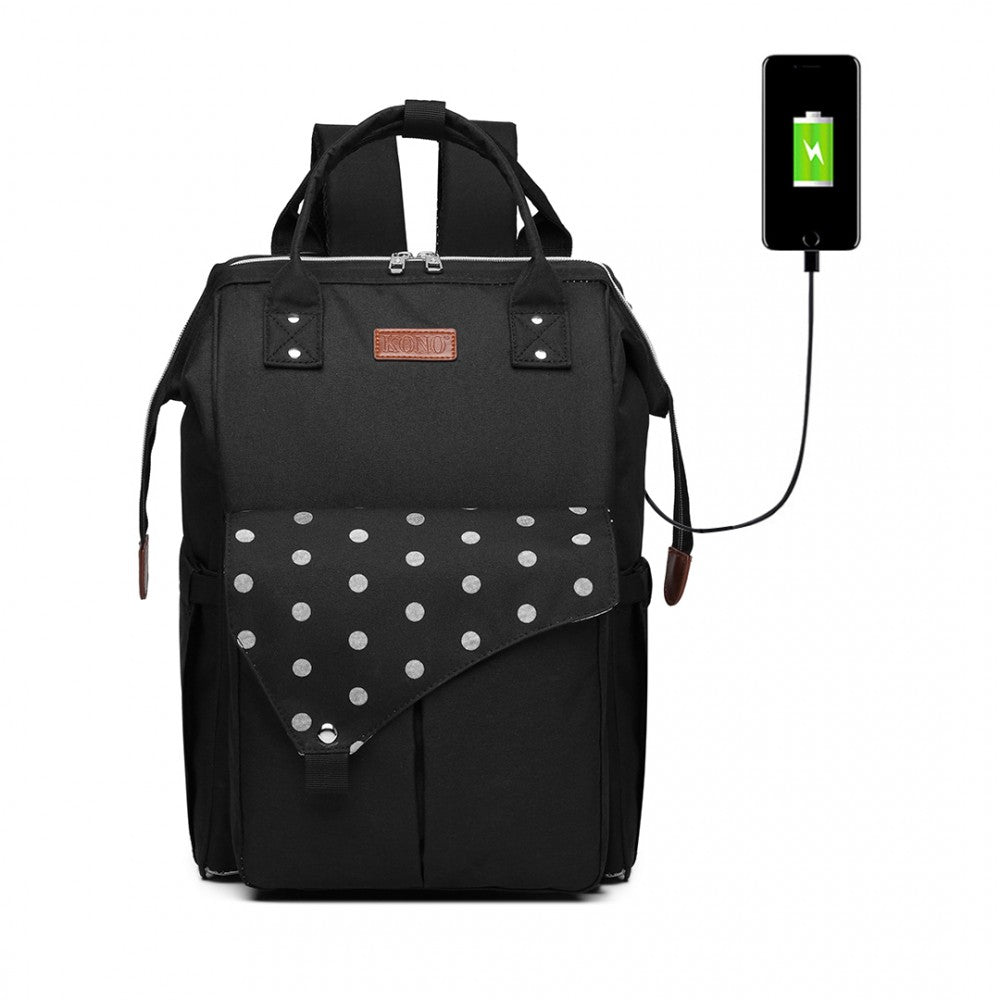 Black Polka Dot Baby Changing Backpack Bag With USB Charging Interface (Available in Black/Grey/Navy) - Little Lug