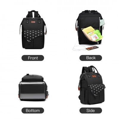 Black Polka Dot Baby Changing Backpack Bag With USB Charging Interface (Available in Black/Grey/Navy) - Little Lug
