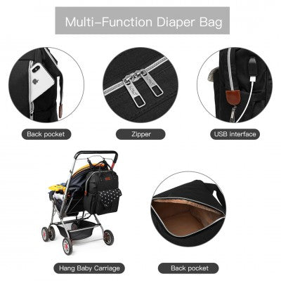 Black Polka Dot Baby Changing Backpack Bag With USB Charging Interface (Available in Black/Grey/Navy) - Little Lug