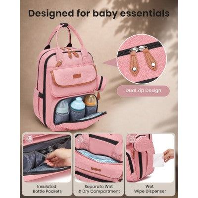Kono Baby Changing Backpack With Changing Mat & Pacifier Pouch (Pink) - BCK2615PK