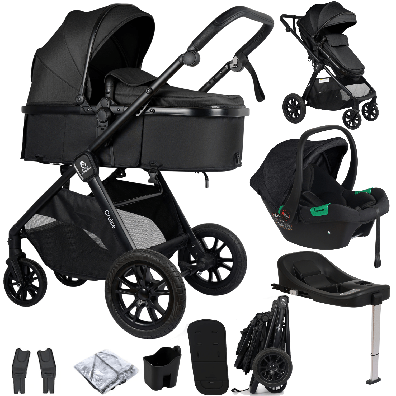 For Your Little One Cruise 3 In 1 Travel System With Car Seat And ISOFIX Base - Eclipse Black (Free Cupholder / Seat Liner Included!)