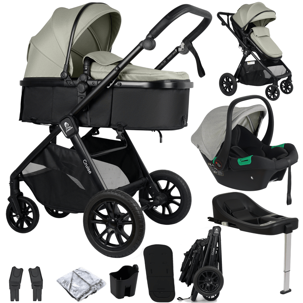 For Your Little One Cruise 3 In 1 Travel System With Car Seat And ISOFIX Base - Pebble Sage (Free Cupholder And Seat Liner Included!)