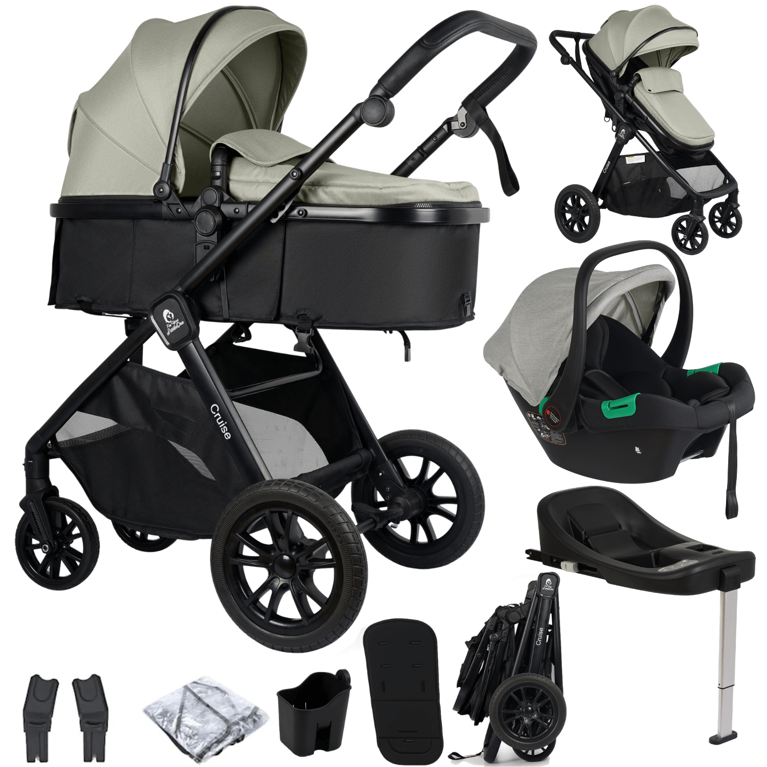 For Your Little One Cruise 3 In 1 Travel System With Car Seat And ISOFIX Base - Pebble Sage (Free Cupholder And Seat Liner Included!)