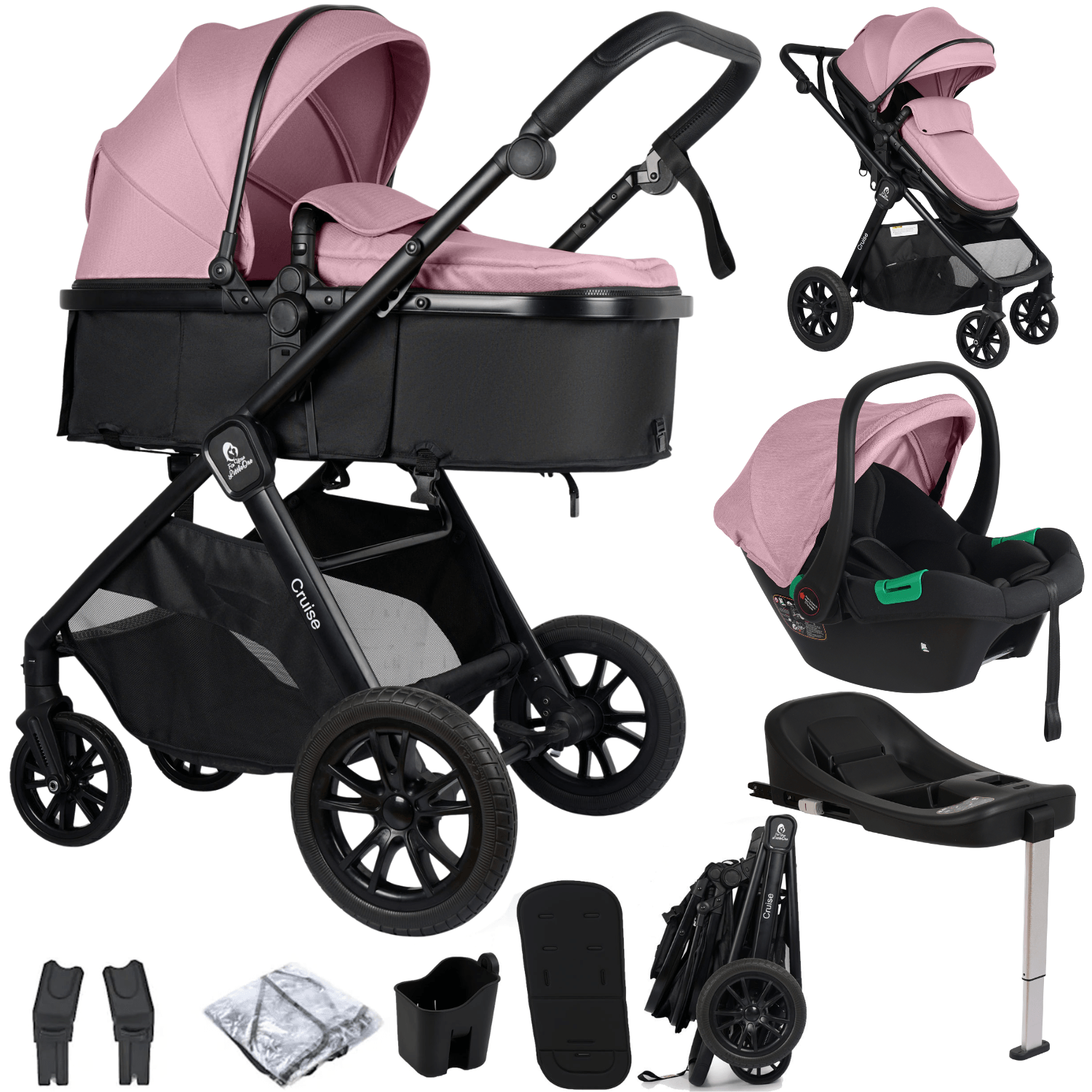 For Your Little One Cruise 3 In 1 Travel System With Car Seat And ISOFIX Base - Blush Rose (Free Cupholder And Seat Liner Included!)