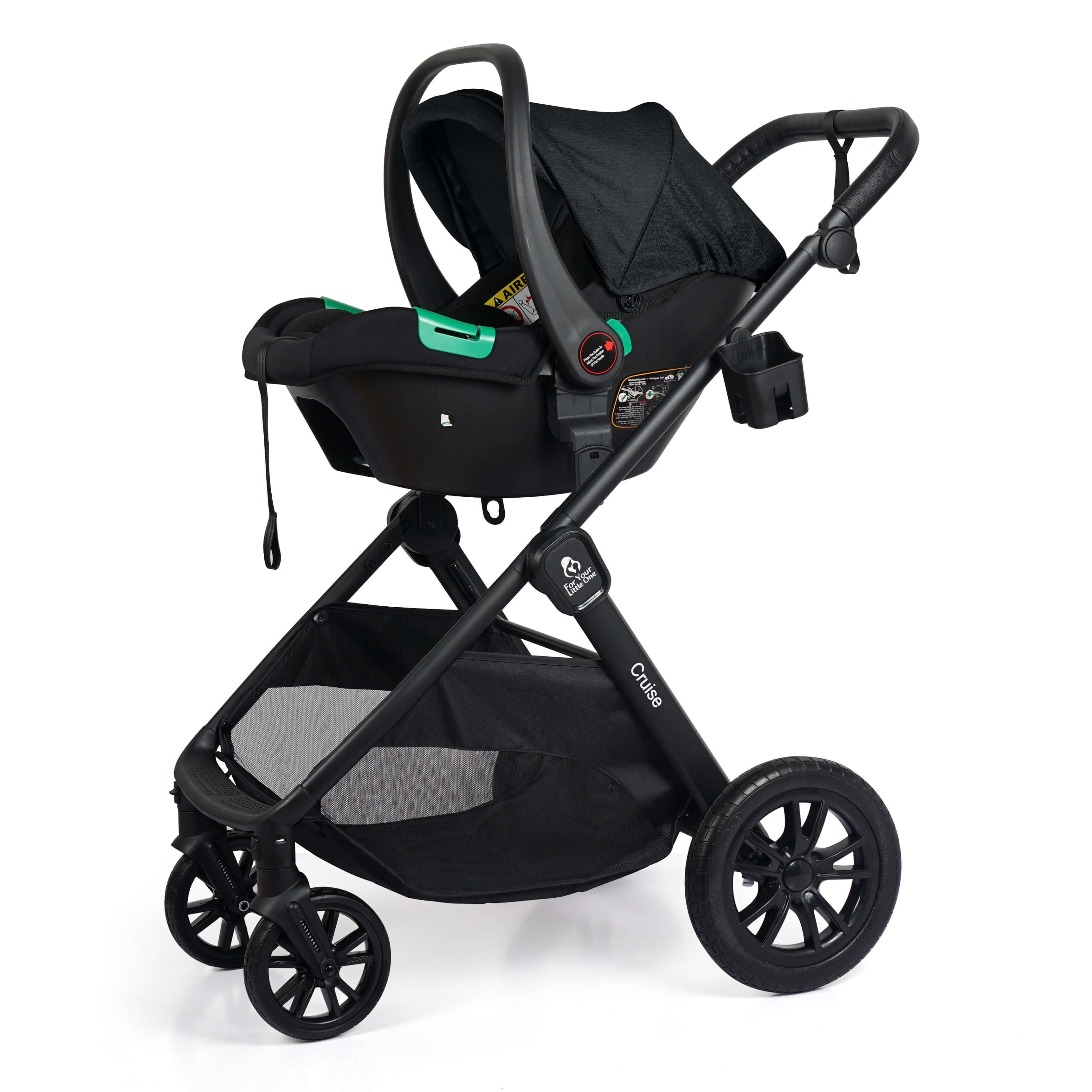 For Your Little One Cruise 3 In 1 Travel System With Car Seat And ISOFIX Base - Eclipse Black (Free Cupholder / Seat Liner Included!)