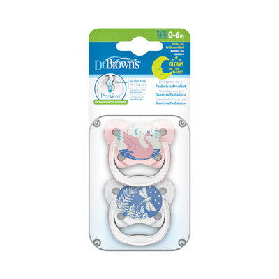Dr Brown Prevent Shield Stage 1 Glow In Dark Soother - Pink (Pack of 2) - Little Lug