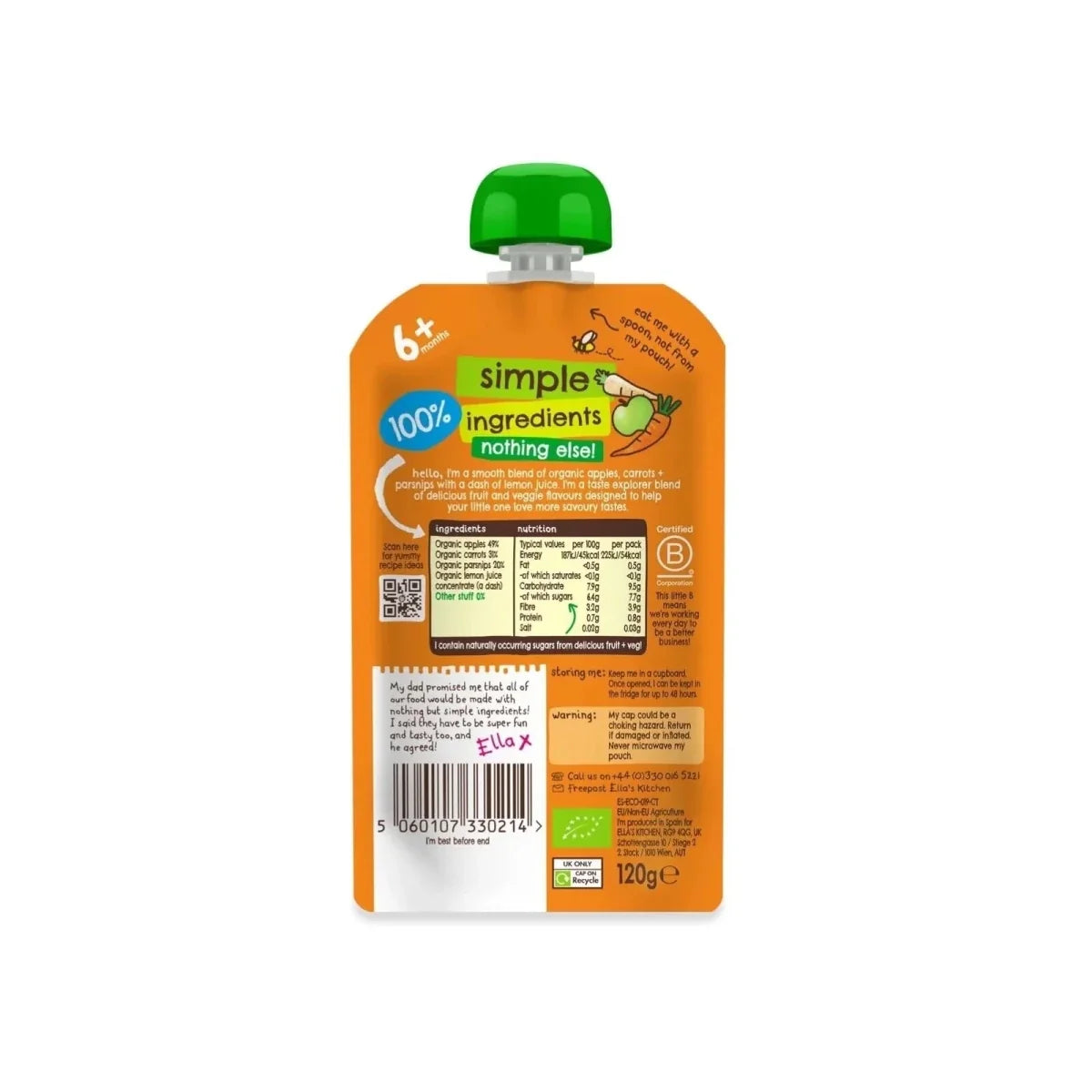 Ella's Kitchen Organic Carrots Apples & Parsnips Baby Food Pouch 6+ months 120g