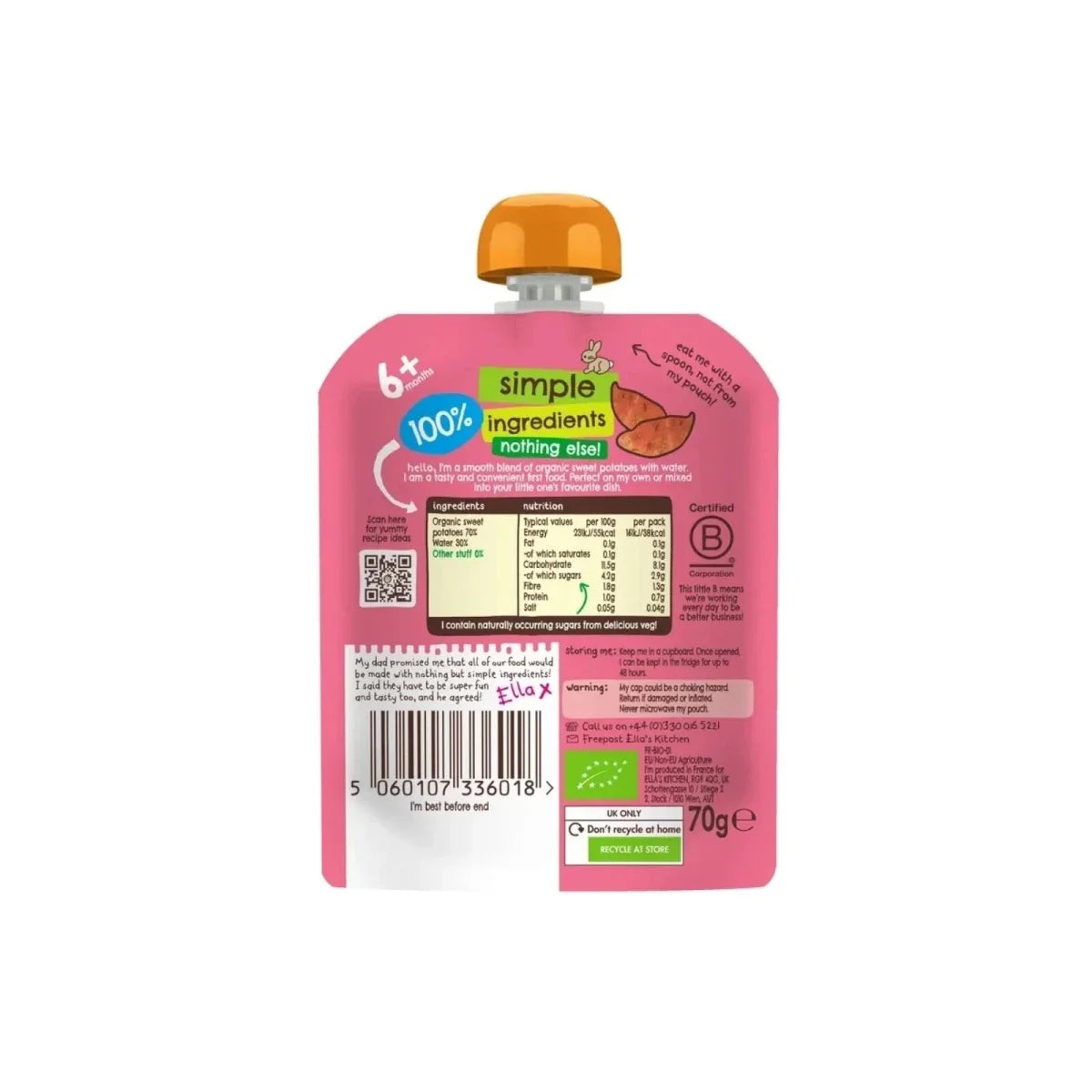 Ella's Kitchen Organic Sweet Potatoes First Tastes Baby Food Pouch 6+ months 70g