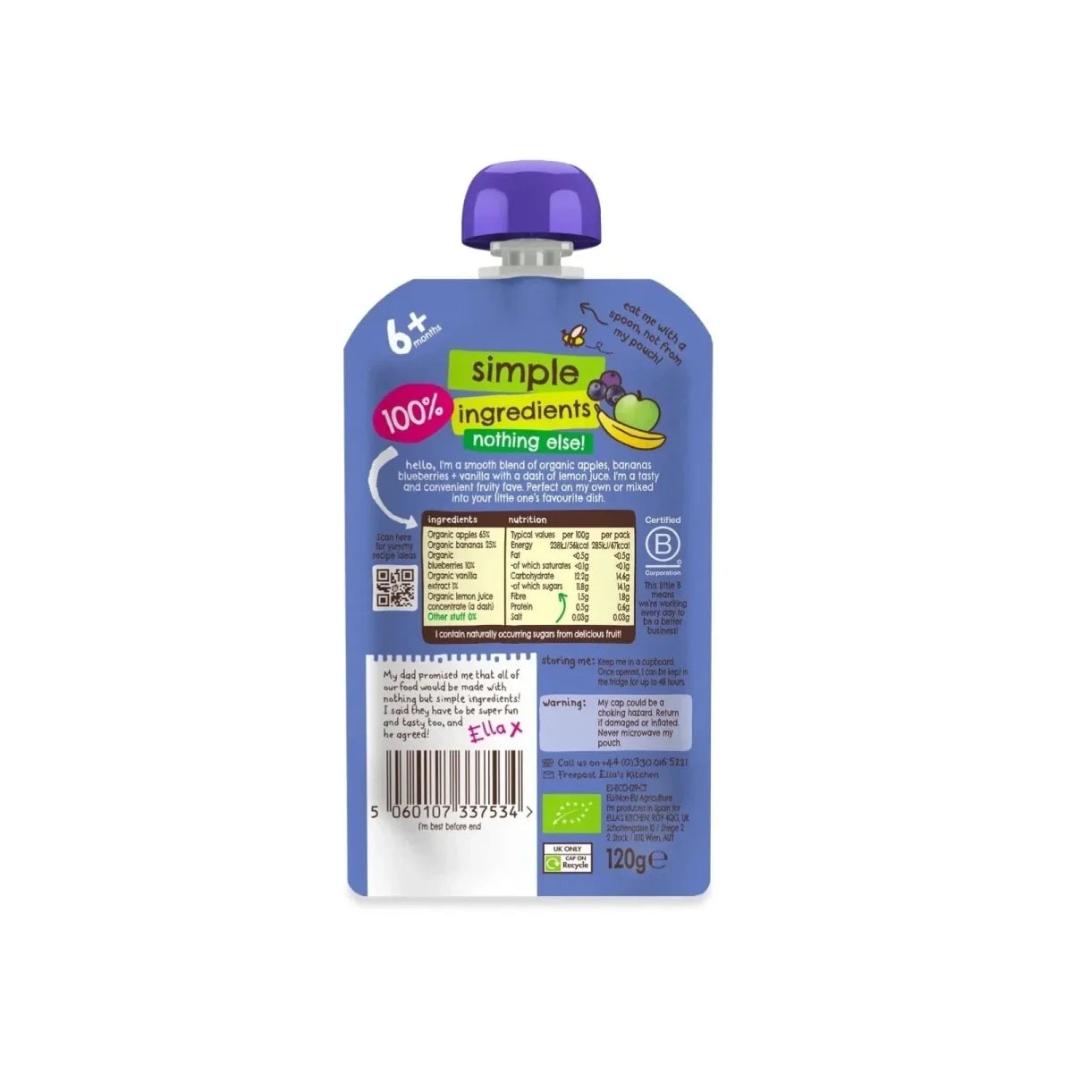Ella's Kitchen Organic Blueberries Apples Bananas & Vanilla Baby Food Pouch 6+ months 120g