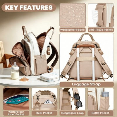 Miss Lulu Baby Changing Backpack (Khaki & White) - BCM2532KH/WH