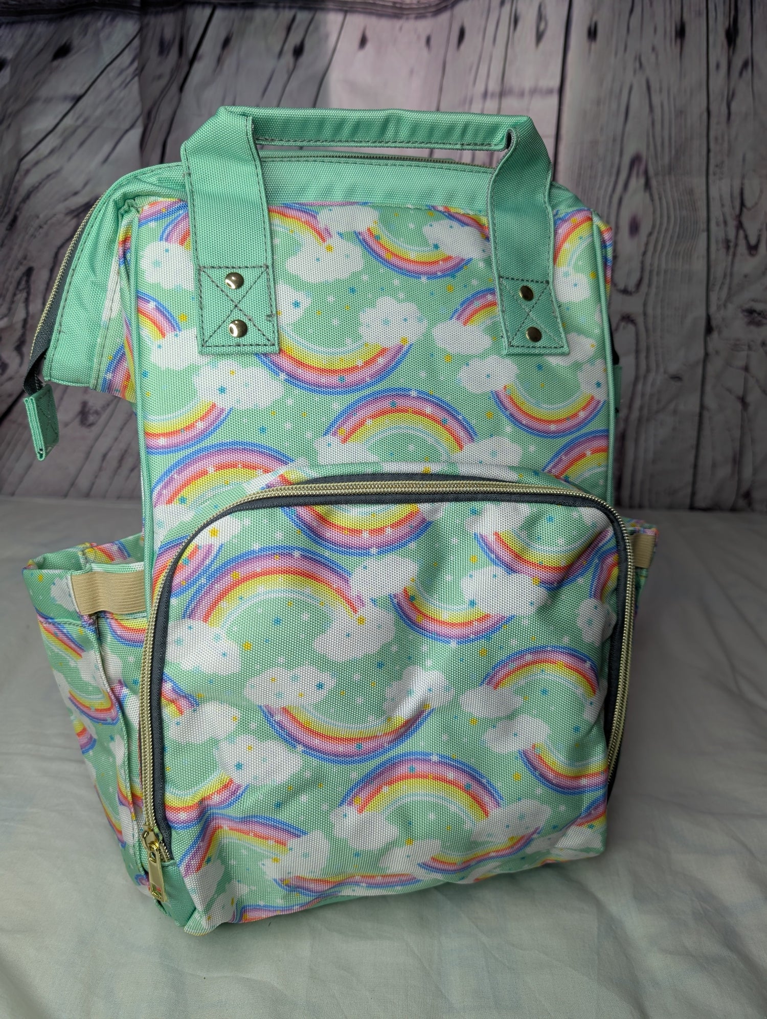 Green Baby Changing Nappy Bag - Happy Rainbow