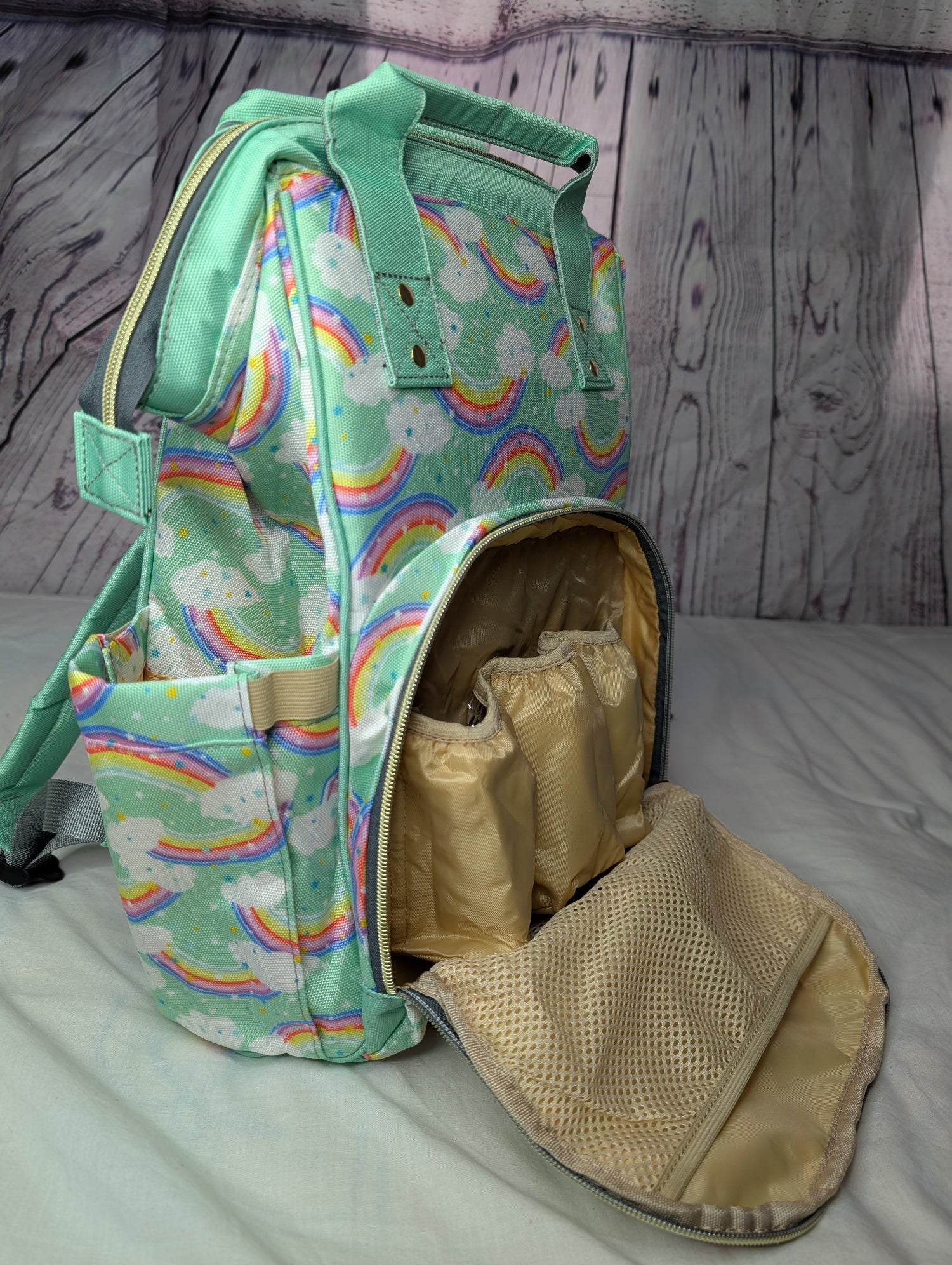 Green Baby Changing Nappy Bag - Happy Rainbow