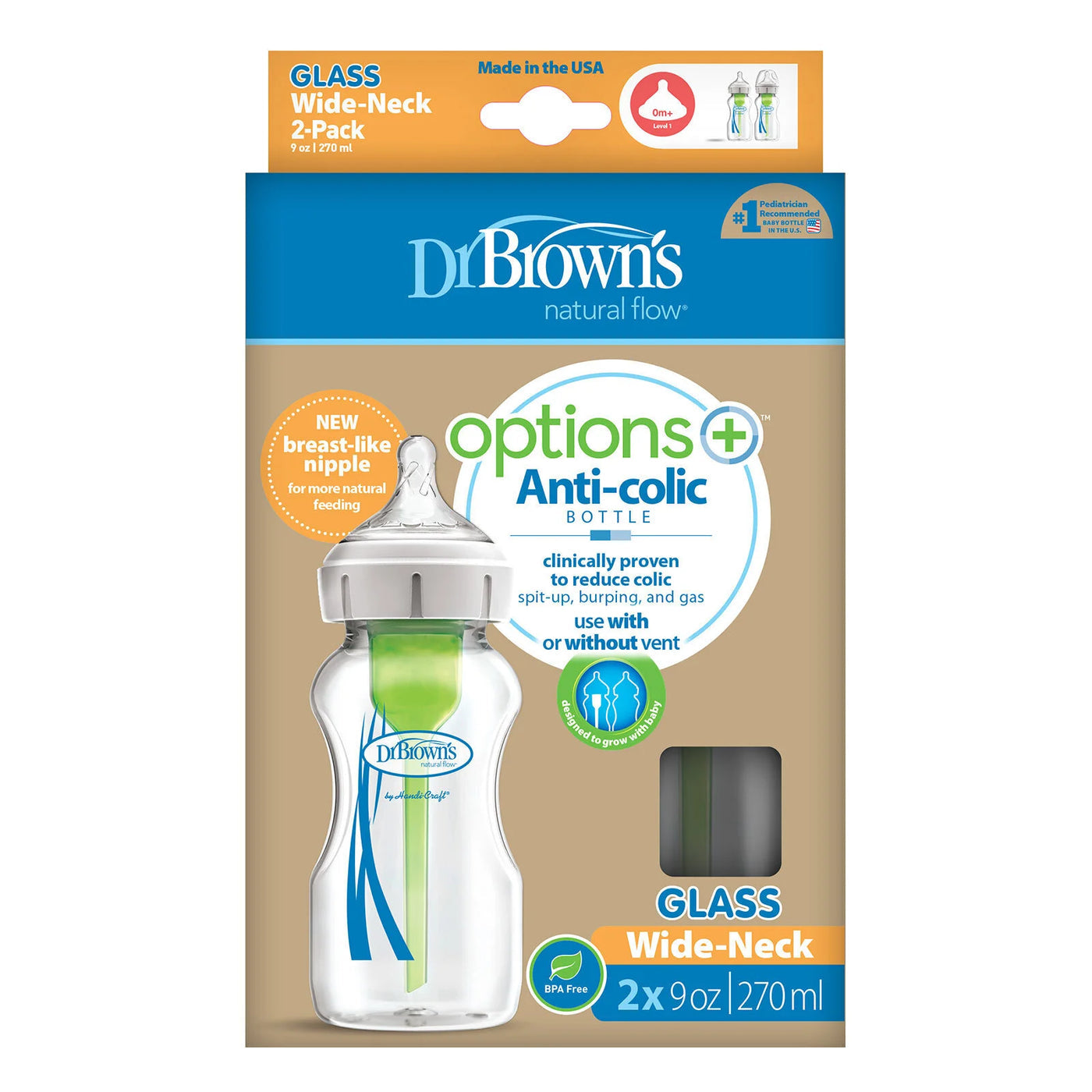 Dr Brown Options Plus GLASS Bottles 270mls - Wide Neck (Pack of 2)