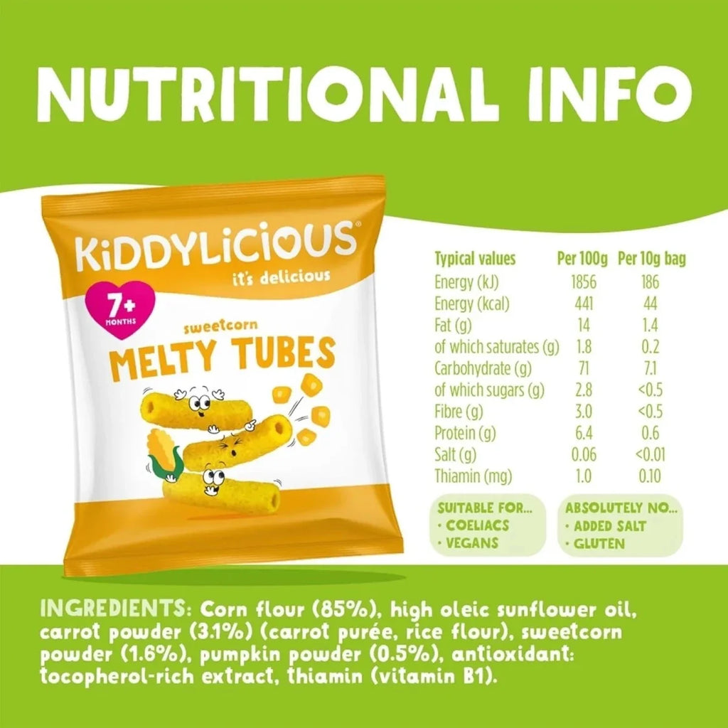 Kiddylicious Sweetcorn Melty Tubes 7+ months 400g (10x4g)