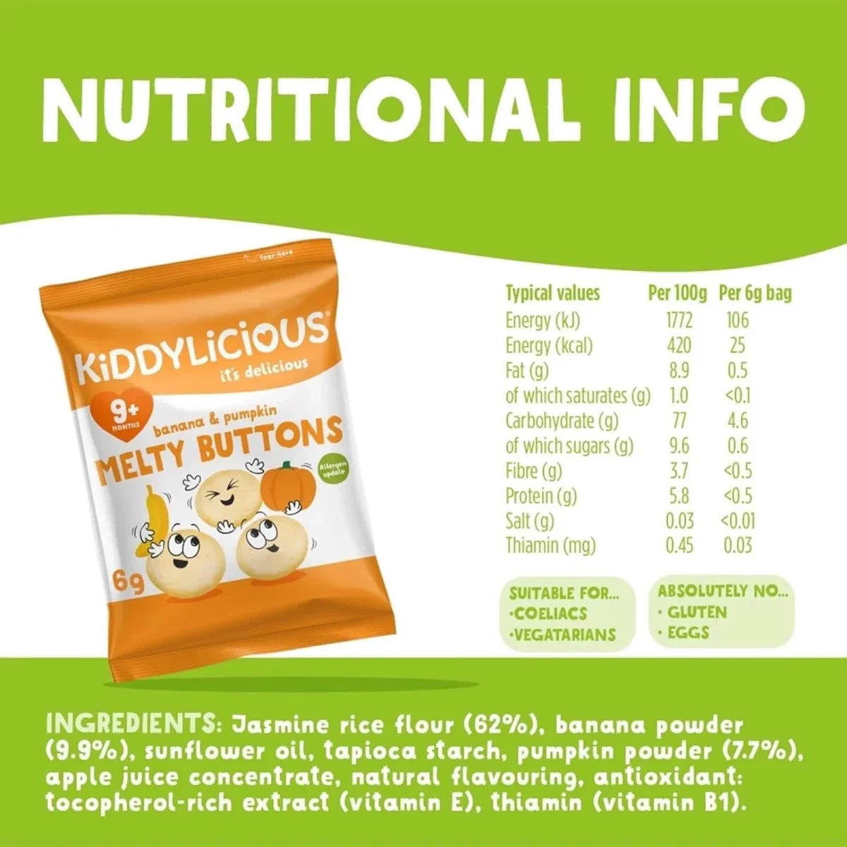 Kiddylicious Banana & Pumpkin Melty Buttons 9+ months 30g (5x6g)