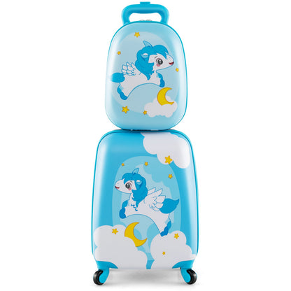2 Pieces Kids Luggage Set with Wheels and Height Adjustable Handle-Blue