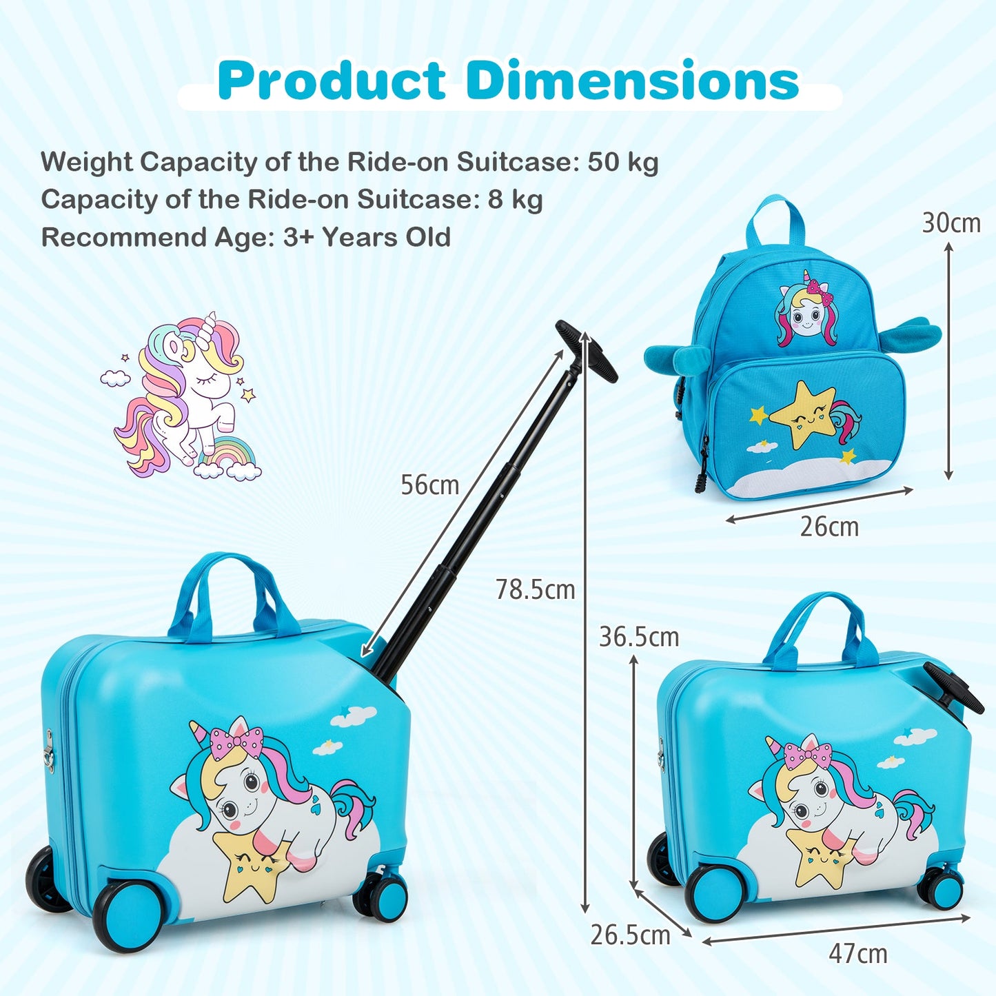 2 Pieces Kids Luggage Set with Spinner Wheels and Anti-Lose Rope-Blue