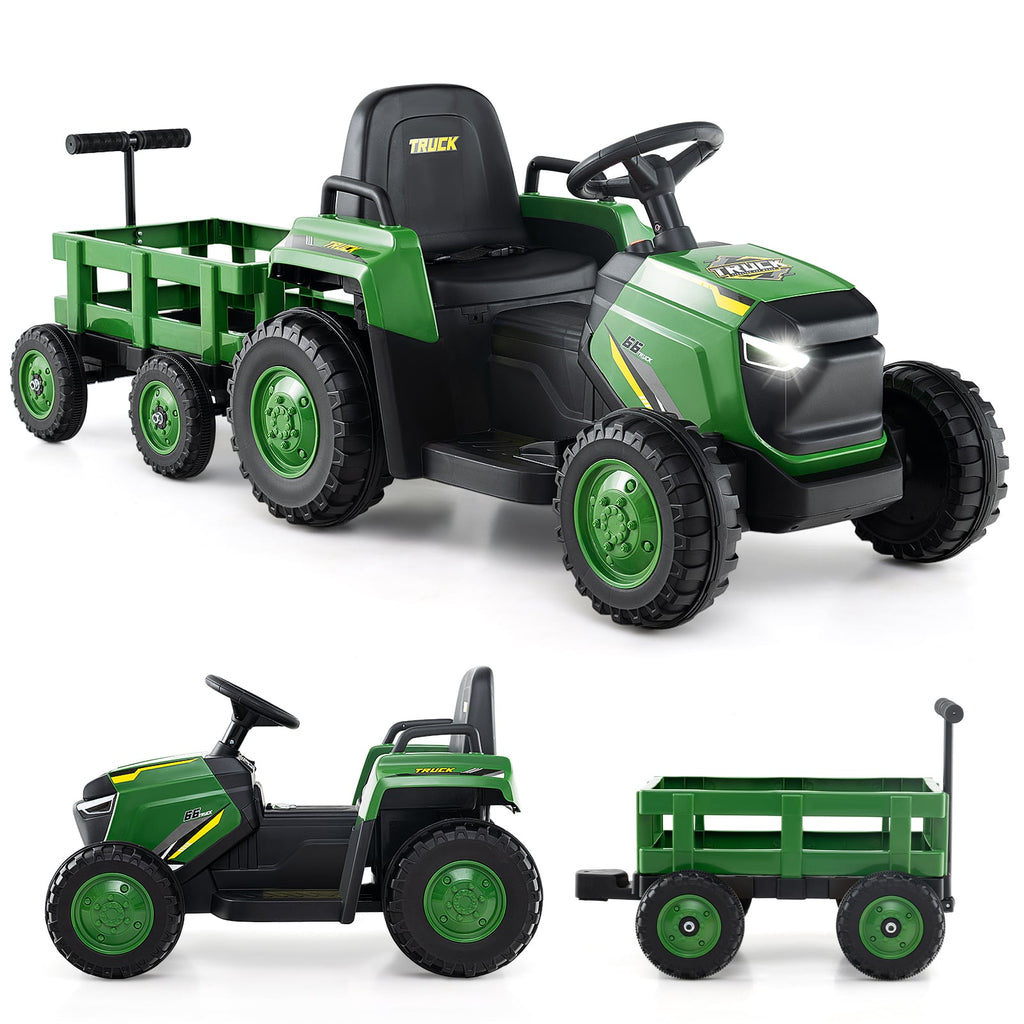 Kids Ride on Tractor 12V Electric Vehicle with Detachable Trailer and Remote Control-Dark Green