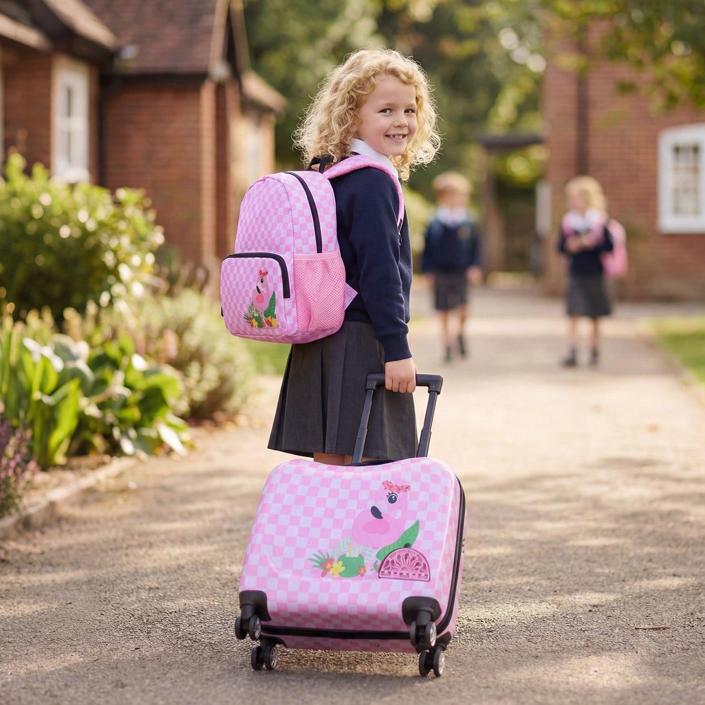 2 Pieces Kid Luggage Set with Spinner Wheels and Lanyard for Carry Strap-Pink & White