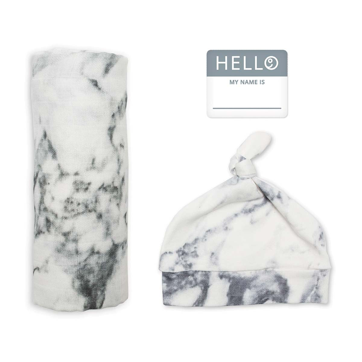 Lulujo Hello World Newborn Hat & Swaddle Set (0-4m)- Available in Marble/Leopard/Hugs&Kisses Design - Little Lug