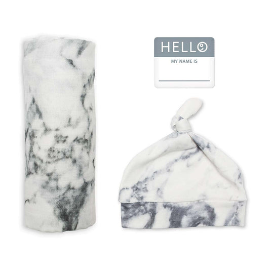 Lulujo Hello World Newborn Hat & Swaddle Set (0-4m)- Available in Marble/Leopard/Hugs&Kisses Design - Little Lug