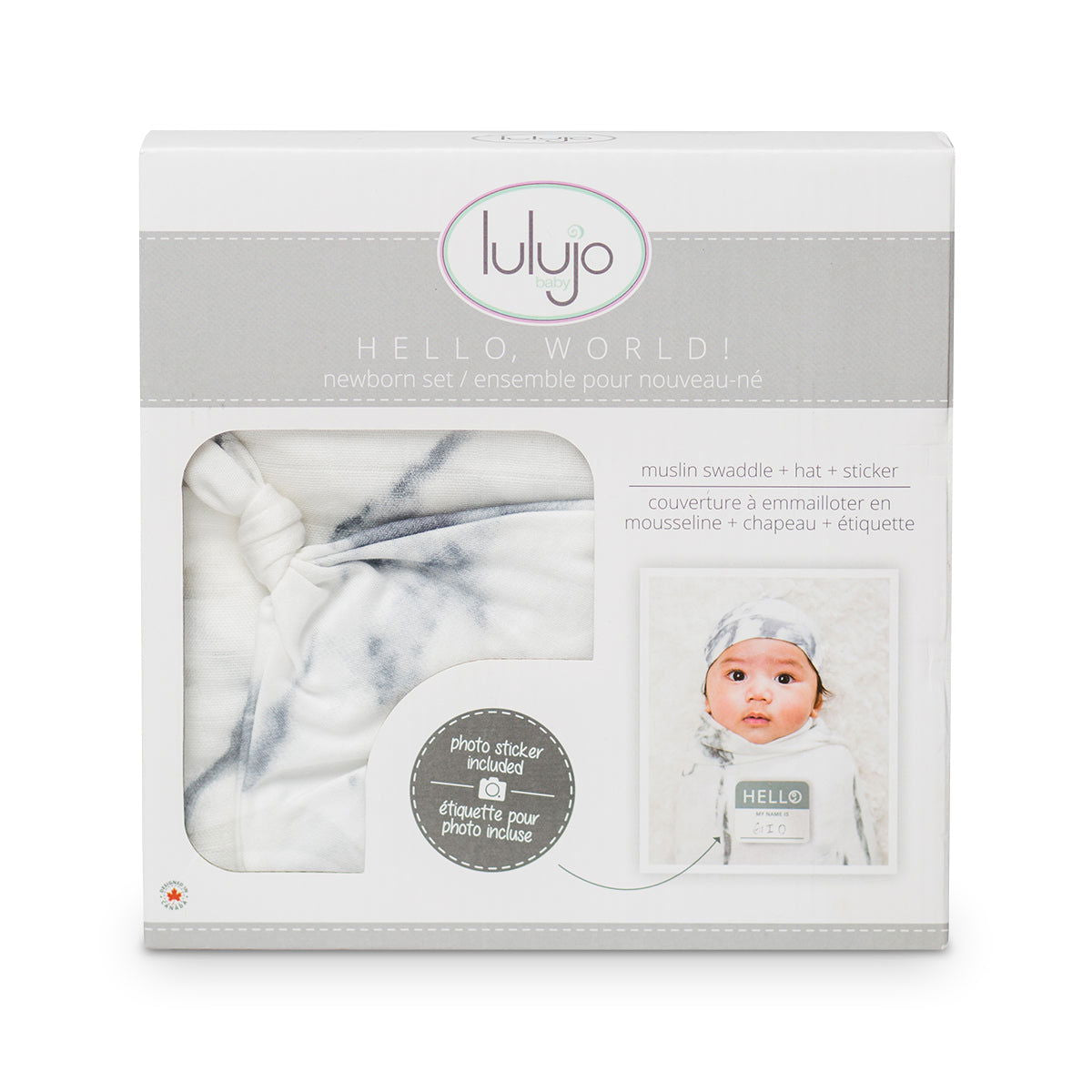 Lulujo Hello World Newborn Hat & Swaddle Set (0-4m)- Available in Marble/Leopard/Hugs&Kisses Design - Little Lug