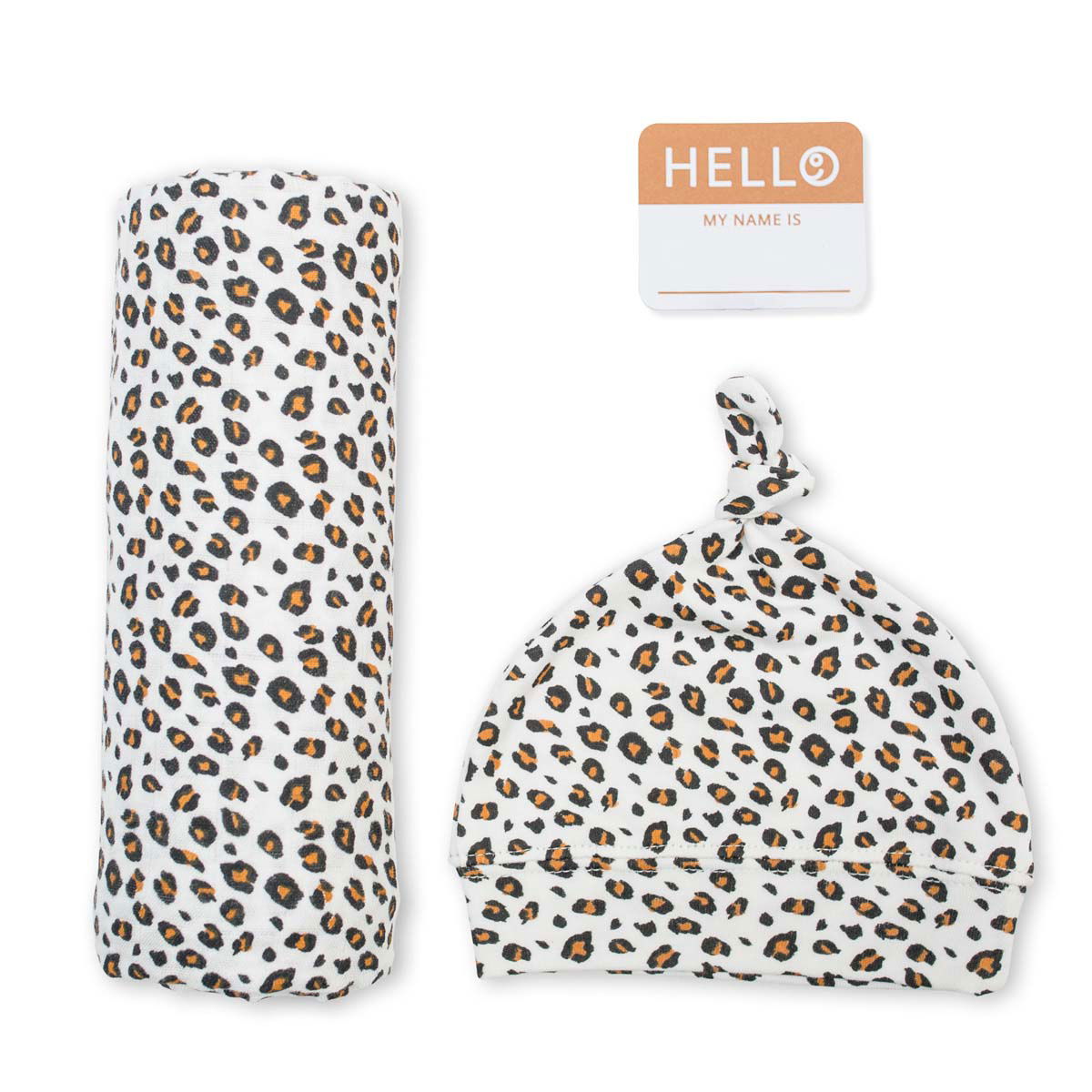 Lulujo Hello World Newborn Hat & Swaddle Set (0-4m)- Available in Marble/Leopard/Hugs&Kisses Design - Little Lug