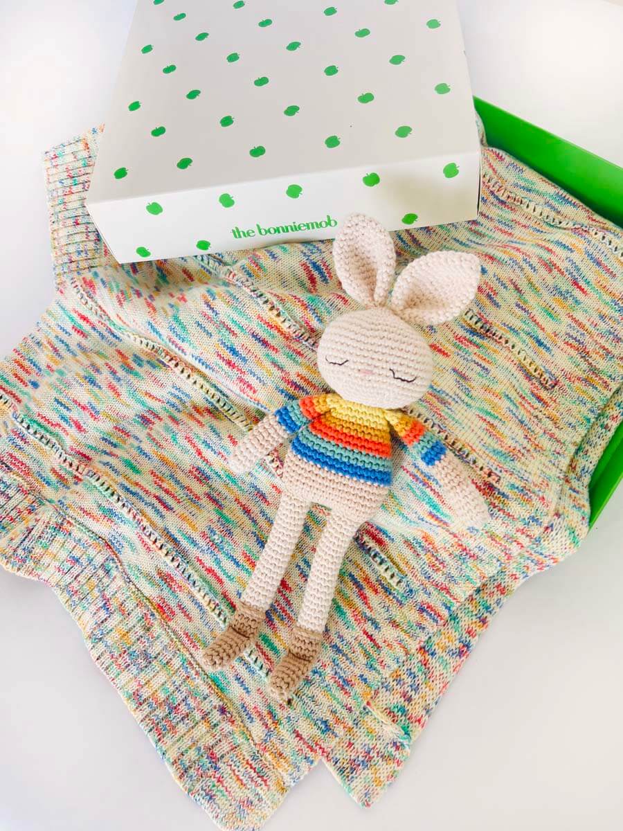 Organic Cotton Rainbow Stripe Bonnie Bunny Crochet Baby Toy