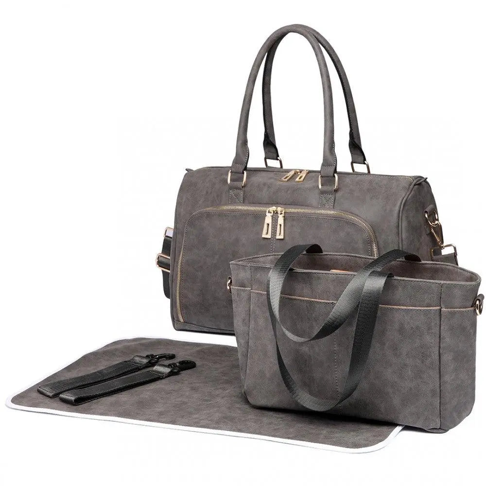 PU Leather Baby Changing Bag with Tote, Changing Mat and Buggy Straps (Available in Grey/Black) - Little Lug