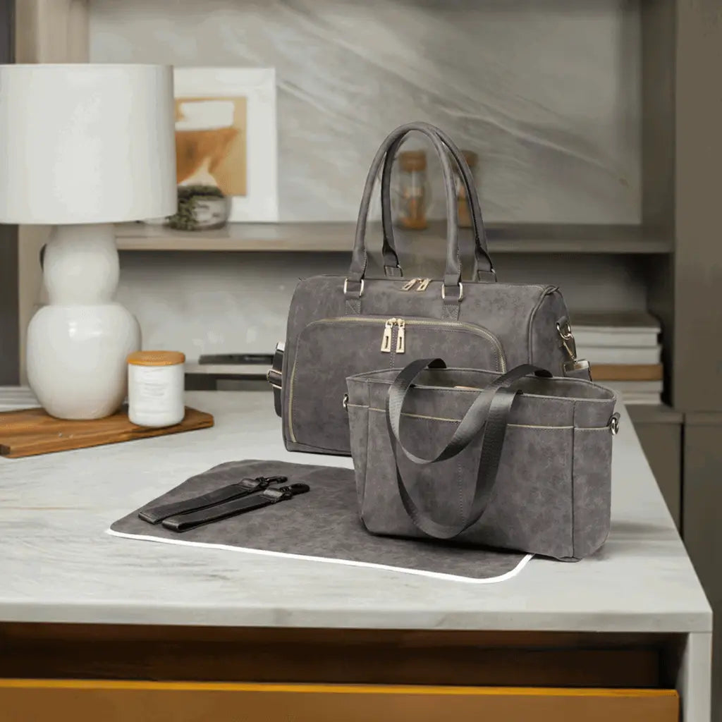 PU Leather Baby Changing Bag with Tote, Changing Mat and Buggy Straps (Available in Grey/Black) - Little Lug
