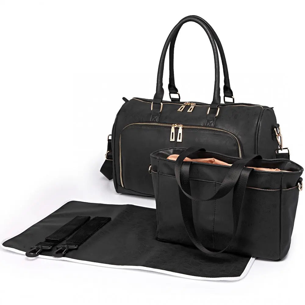 PU Leather Baby Changing Bag with Tote, Changing Mat and Buggy Straps (Available in Grey/Black) - Little Lug