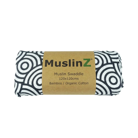 MuslinZ Bamboo/Organic Cotton Muslin Swaddle 120x120cm - Black Swirl