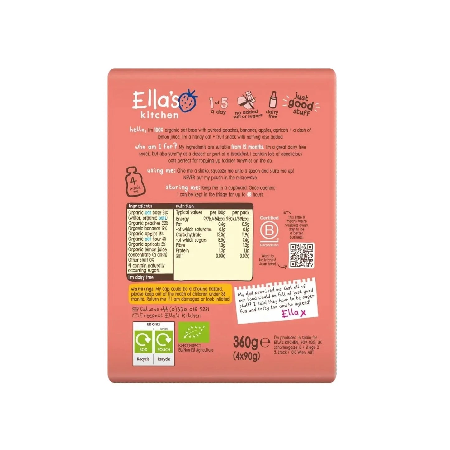 Ella's Kitchen Peach & Banana Oaty Smooshy 12+ months 360g (4x90g)
