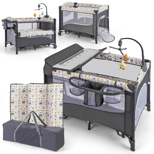 6-in-1 Baby Bed Travel Cot Foldable Playpen with Changing Table-Beige
