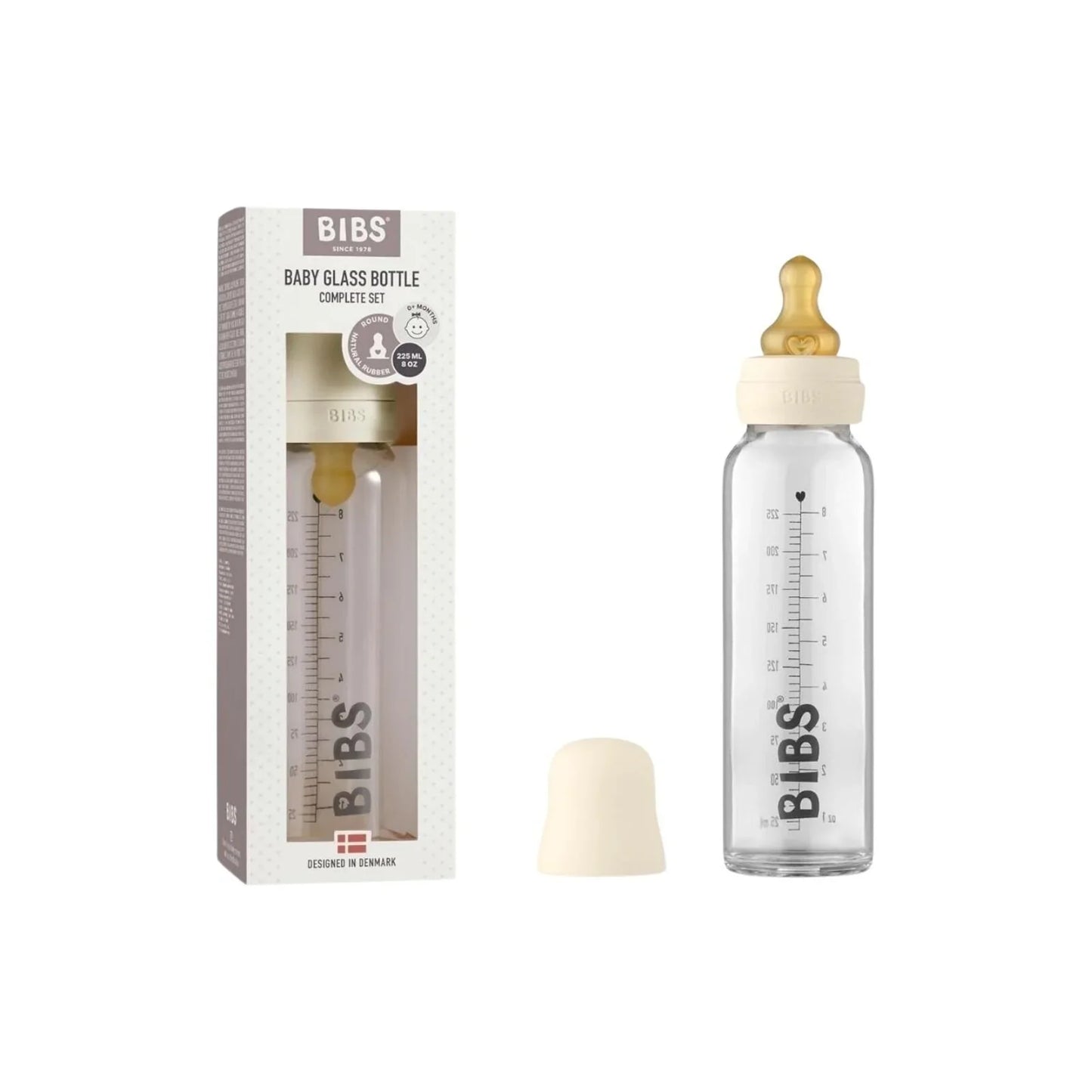 BIBS Baby Glass Bottle Complete Set Latex 225ml - Ivory